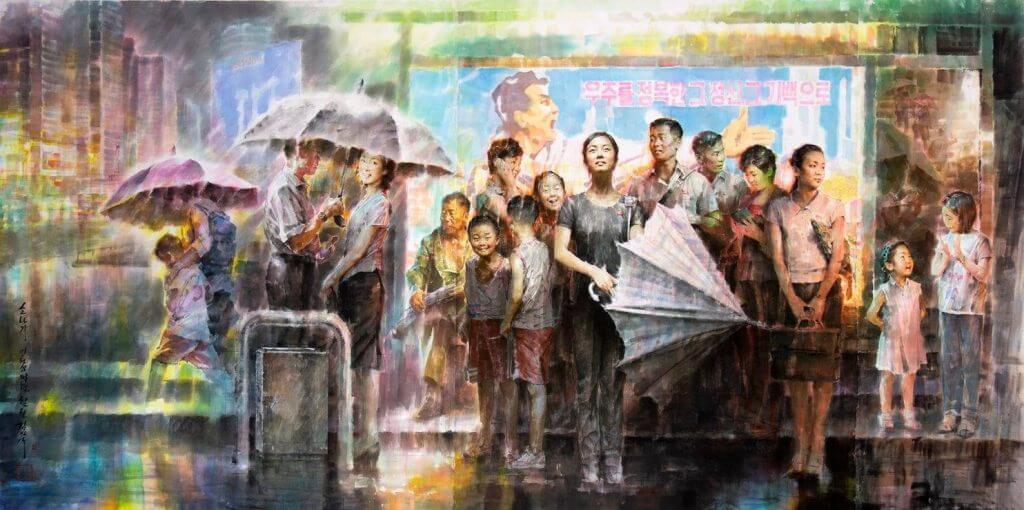 Tranh “Trú mưa ở trạm xe buýt” (2018) 